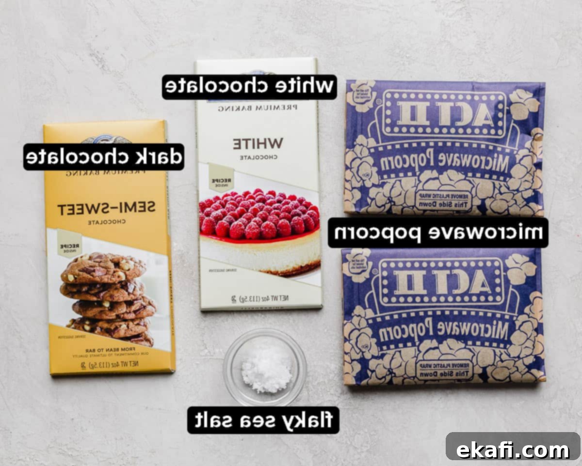Υλικά για Σοκολατένιο Ποπ Κορν με Ραντίσματα σε γκρι φόντο.