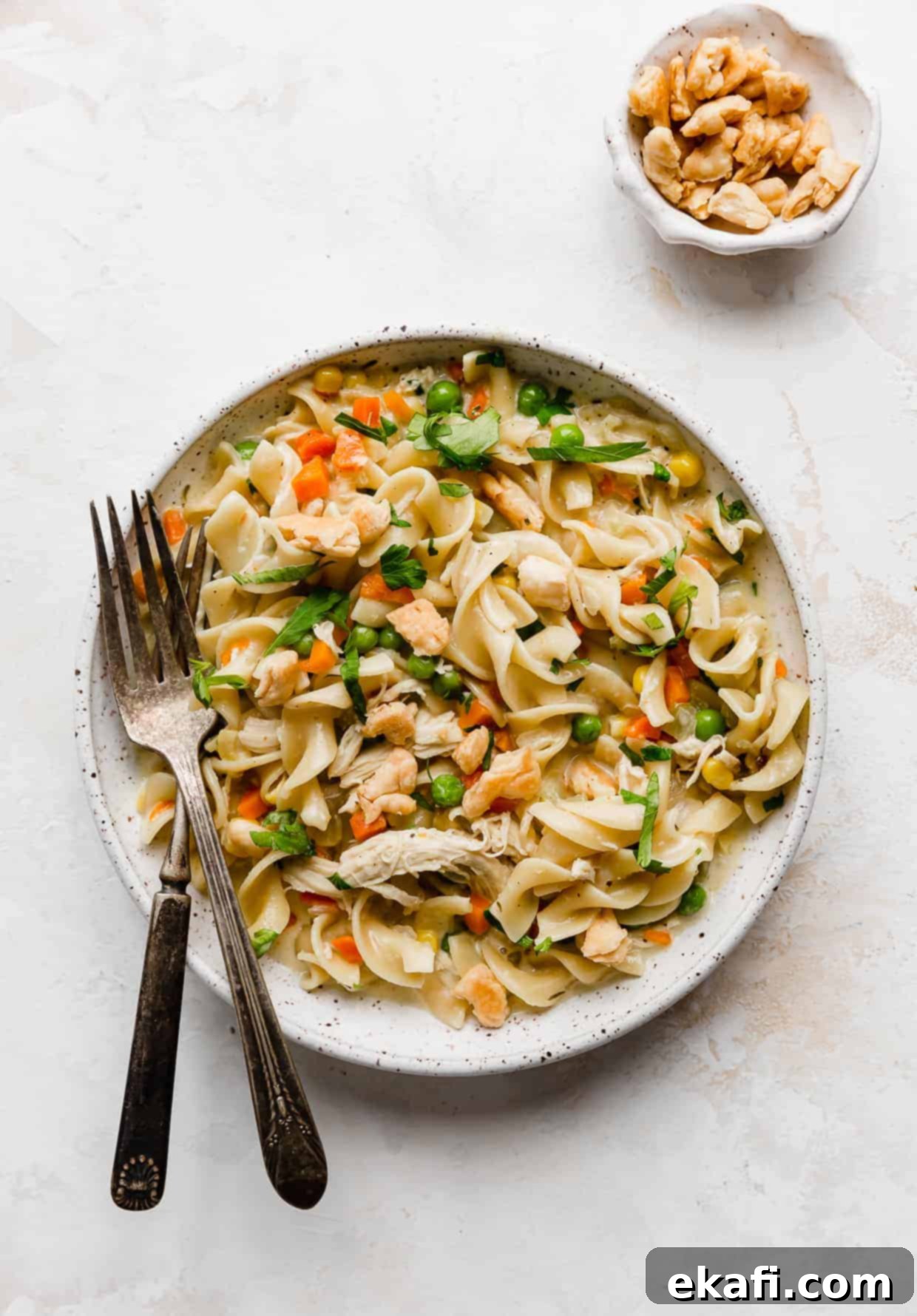 Creamy Chicken Pot Pie Noodles 7 A plate of pot pie noodles against a white background with a small bowl of pie crust crumbles in the upper right hand corner.