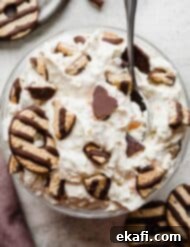 Σαλάτα Μπισκότων 11 Ένα γυάλινο μπολ γεμάτο Cookie Salad γαρνιρισμένο με μπισκότα σοκολάτας.