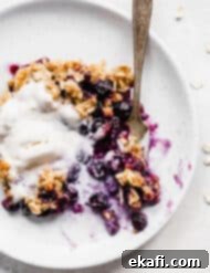 Τραγανό γλυκό μύρτιλο 10 Blueberry crisp σε πιάτο, με μια μπάλα παγωτό βανίλια από πάνω.