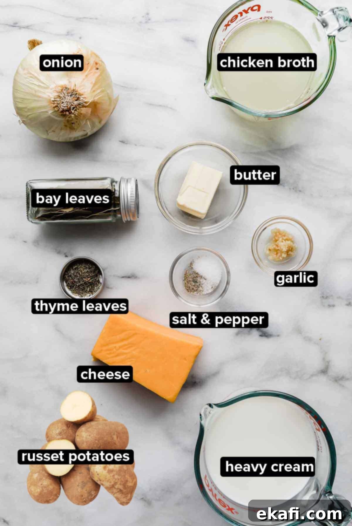 Creamy Gluten-Free Scalloped Potatoes 3 Scalloped potato recipe ingredients portioned into glass bowls on a white and gray marble background.