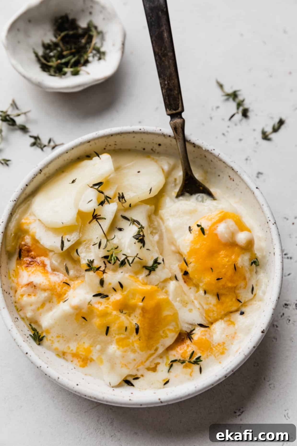 Creamy Gluten-Free Scalloped Potatoes 9 A fork amongst a plate of scalloped potatoes topped with cheddar cheese and fresh thyme, against a light gray background.