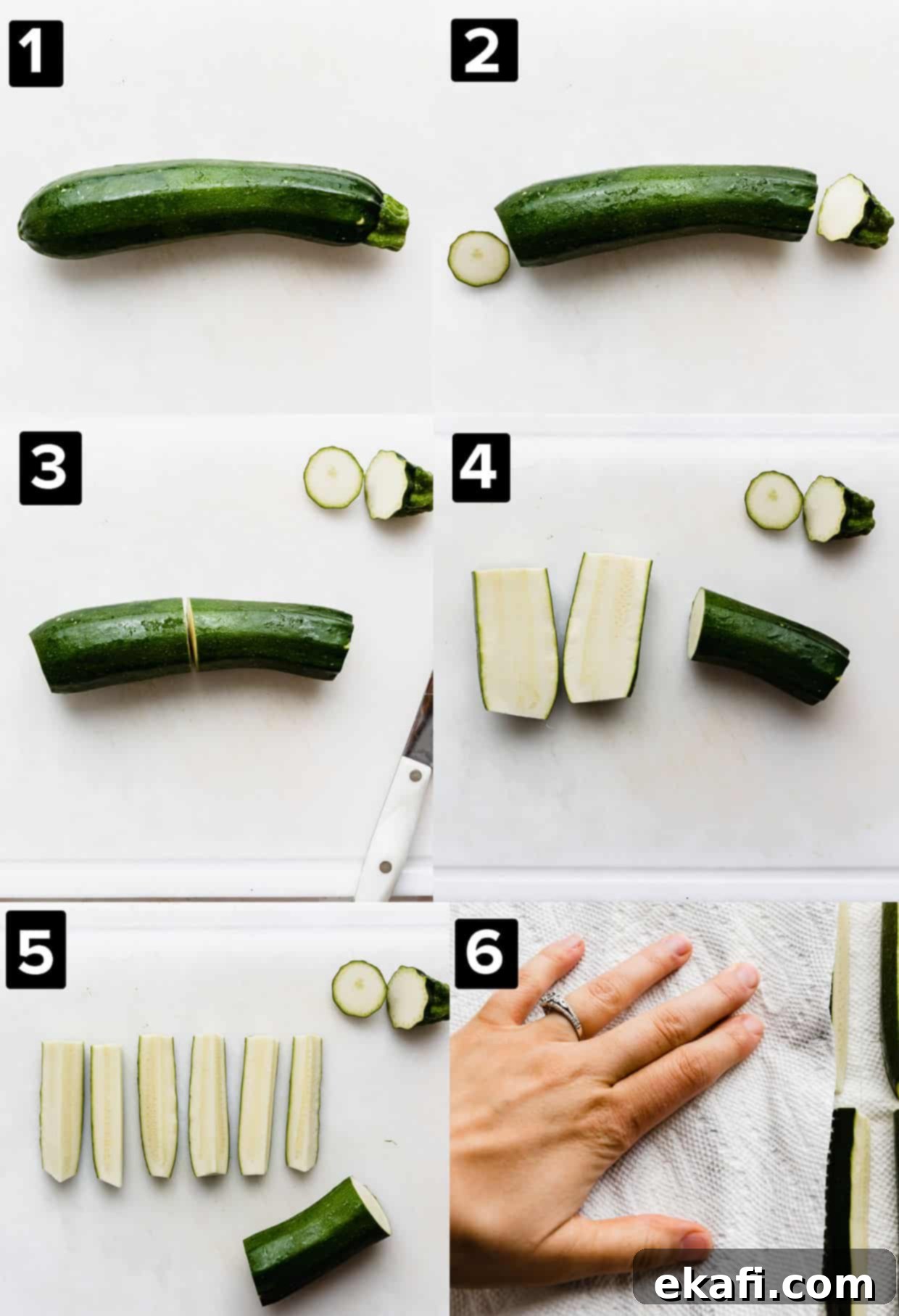 Crispy Baked Zucchini Fries 4 Six photos showing how to cut zucchini fries.