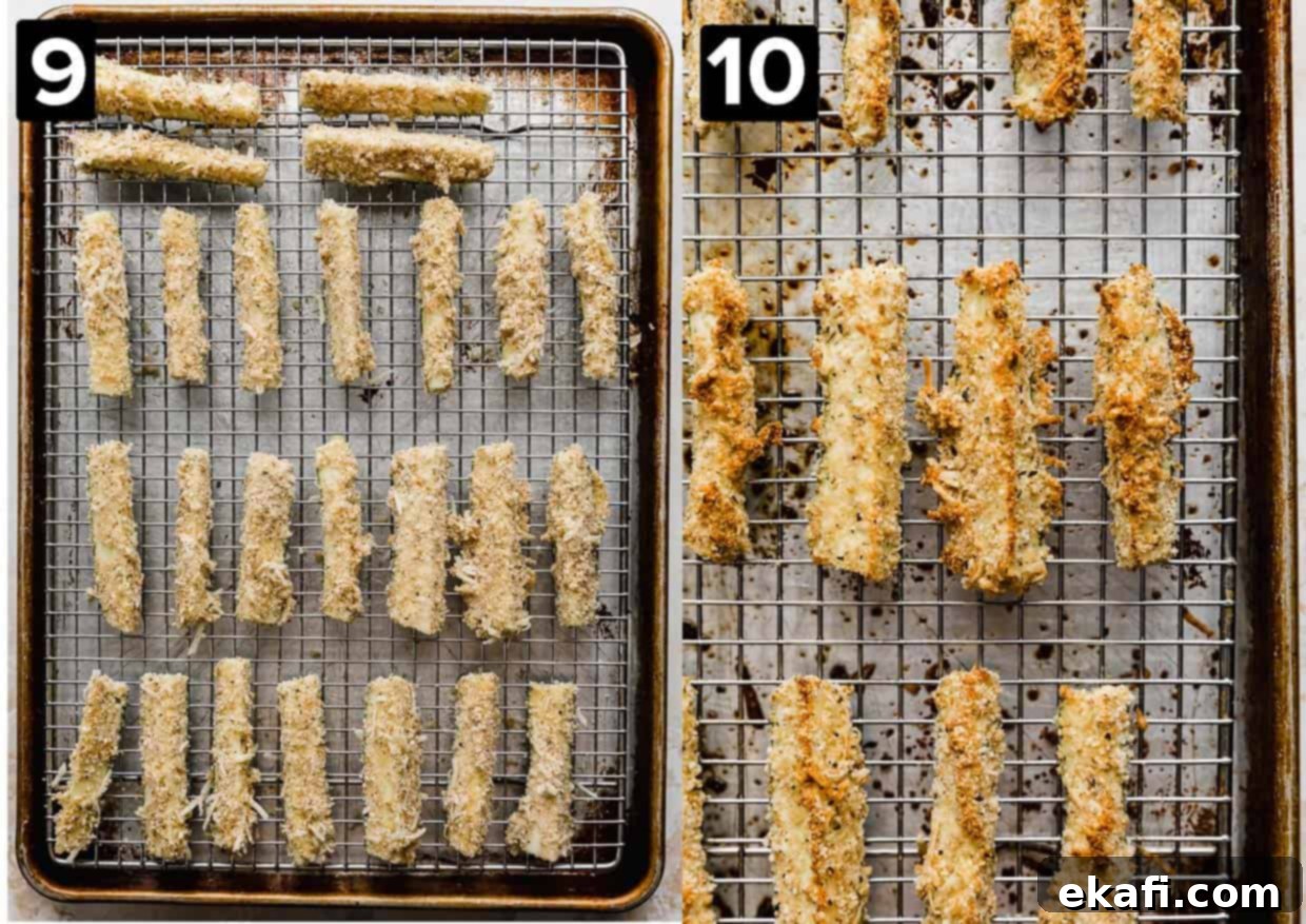 Crispy Baked Zucchini Fries 6 Baking sheet with coated zucchini fries on it.