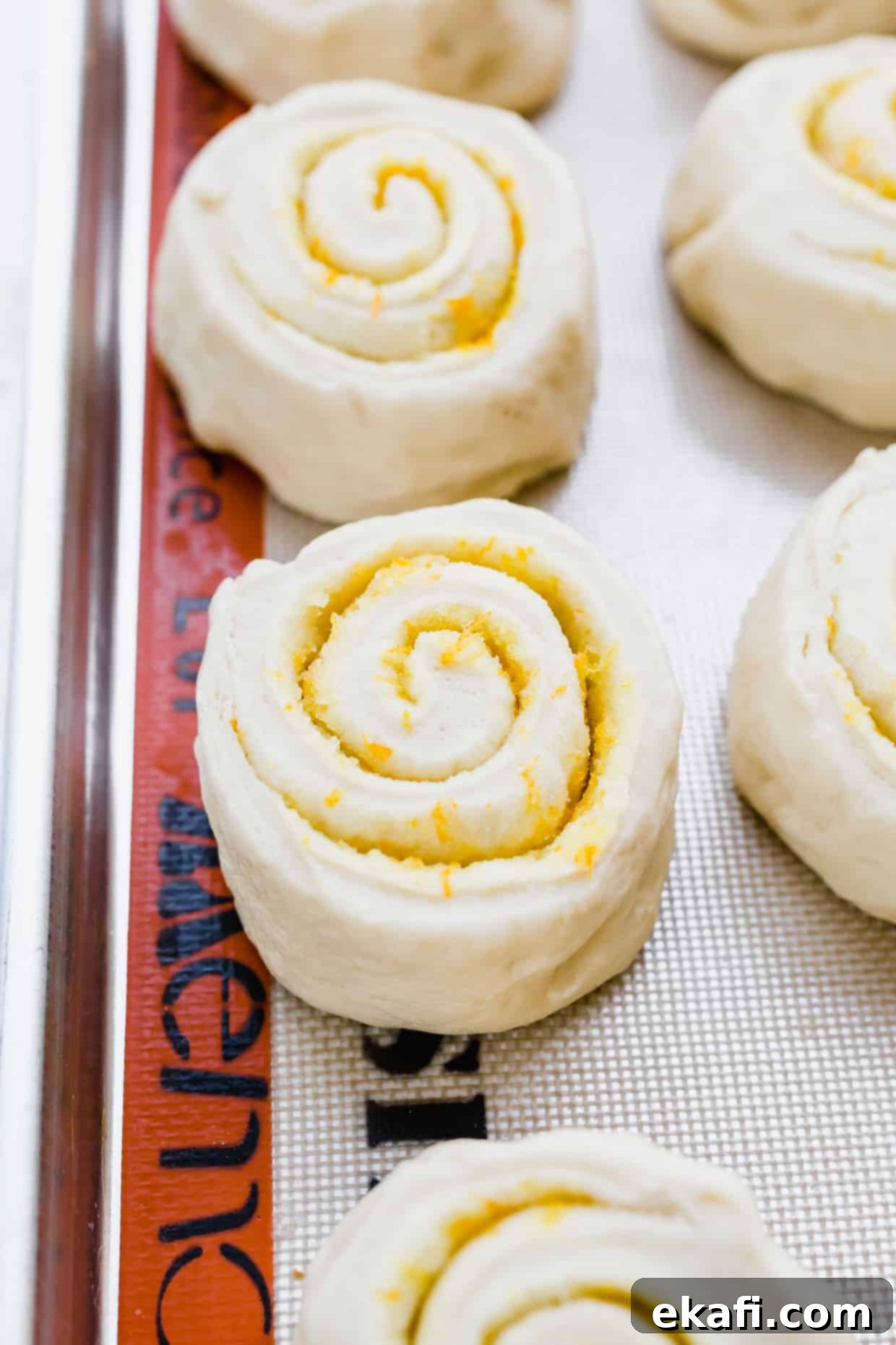 Orange Rolls 9 Easy homemade orange sweet rolls rolled into spirals and placed on a baking sheet, having risen and become puffy, ready for the oven.