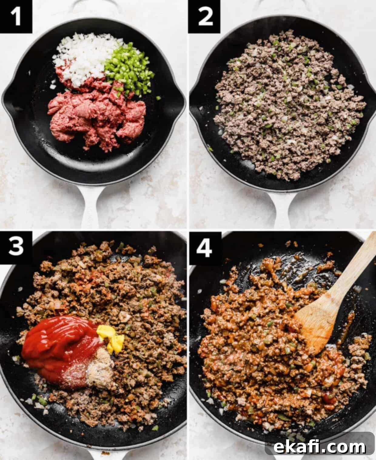 Hearty Old School Sloppy Joes 4 A collage of four step-by-step photos illustrating how to prepare homemade sloppy joes, from browning the ground beef with vegetables to mixing in the rich, tangy sauce ingredients like ketchup, mustard, and seasonings.