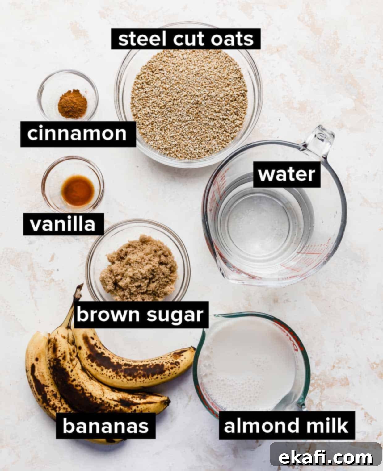 Banana Steel Cut Oat Delight 3 Ingredients used to make banana steel cut oats on a white background, highlighting the fresh, ripe bananas and wholesome oats.
