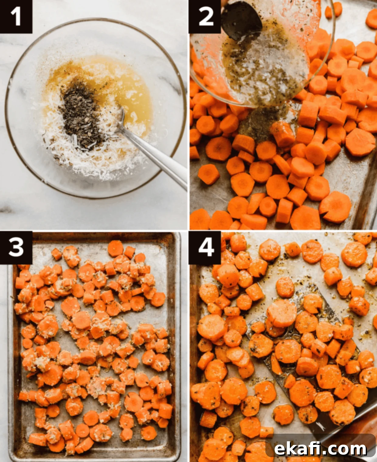 Golden Parmesan Roasted Carrots 4 Four sequential images showing the process of making Garlic Butter Roasted Carrots, from mixing ingredients to roasting on a baking sheet.