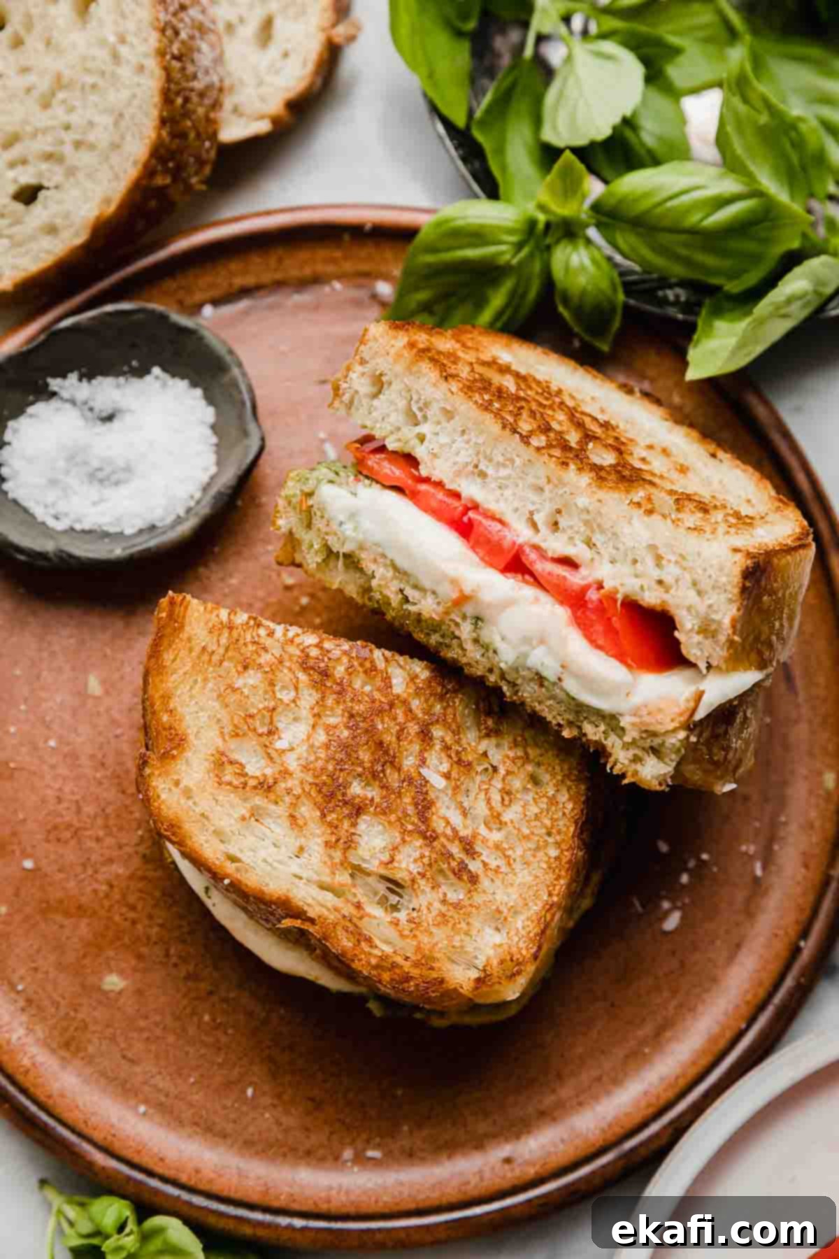 Pesto Mozzarella Sandwich 2 A Pesto Mozzarella Sandwich with tomato, sliced in half on a brown plate.