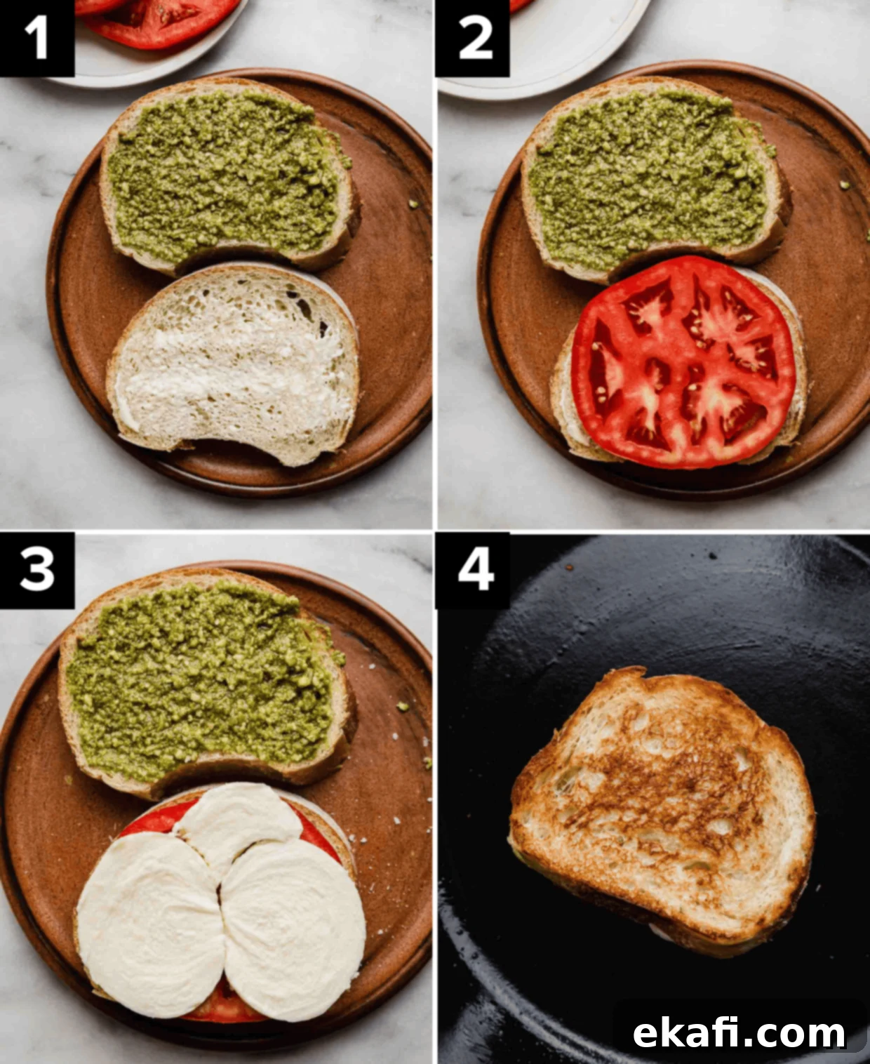 Pesto Mozzarella Sandwich 4 Four images showing how to make a Tomato Pesto Mozzarella Sandwich on a skillet or panini press.