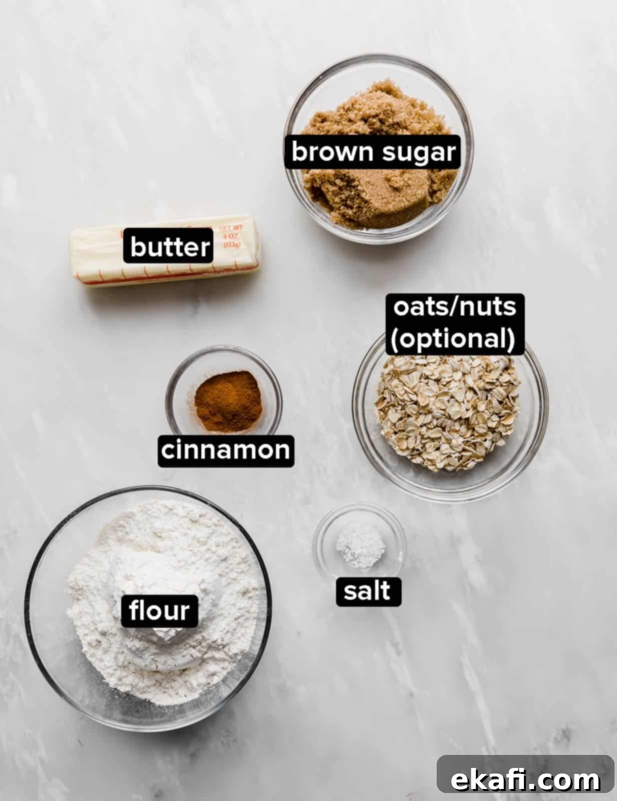 Crumbly Delight 3 Ingredients used to make Streusel Topping on a white background.