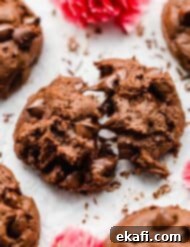 Decadent Double Chocolate Bites 15 A double chocolate chip cookie torn apart with the chocolate chips spreading, highlighting the soft, chewy texture.