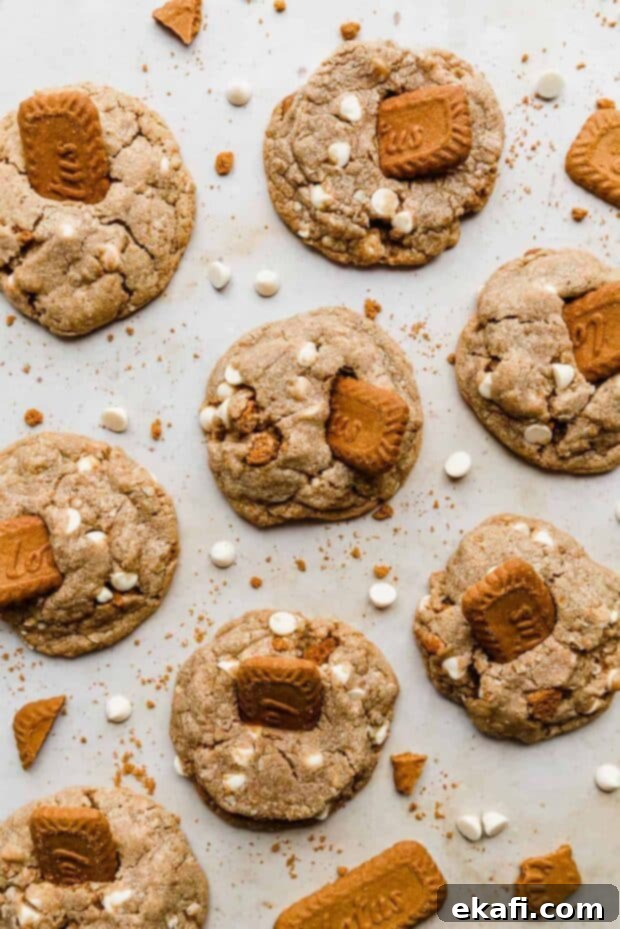 Crumbl's Dreamy Biscoff White Chocolate Cookies 6 Multiple Crumbl Biscoff White Chip Cookies stacked, showcasing their texture and ingredients.