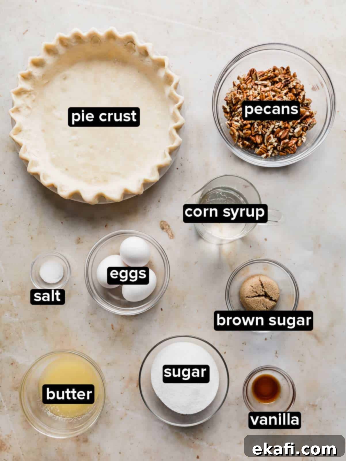 Sweet Southern Comfort: The Perfect Pecan Pie 3 A collection of ingredients laid out on a cream background, including pecans, corn syrup, butter, eggs, and sugars, ready for making a Southern Pecan Pie.