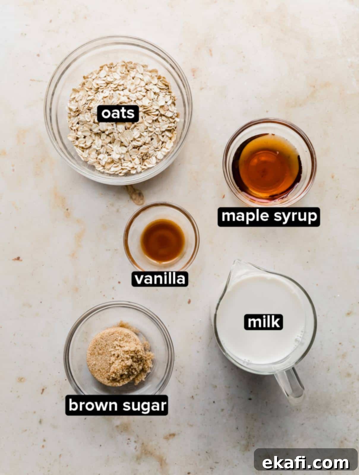 Golden Maple Brown Sugar Oats 3 Maple and Brown Sugar Oatmeal ingredients on a cream colored background.