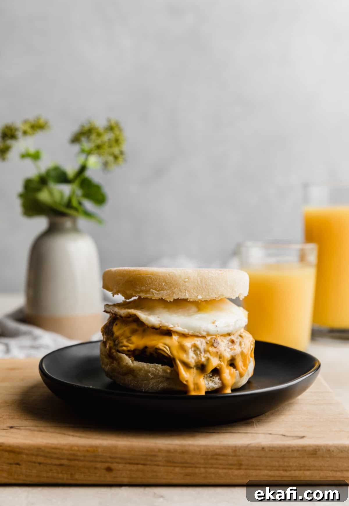 From Scratch Sausage and Egg Breakfast Sandwich 2 Two homemade Sausage and Egg McMuffins on a black plate, with two glasses of fresh orange juice in the blurred background. The sandwiches are perfectly assembled, showcasing the golden English muffin, savory sausage patty, fluffy egg, and melted cheese.