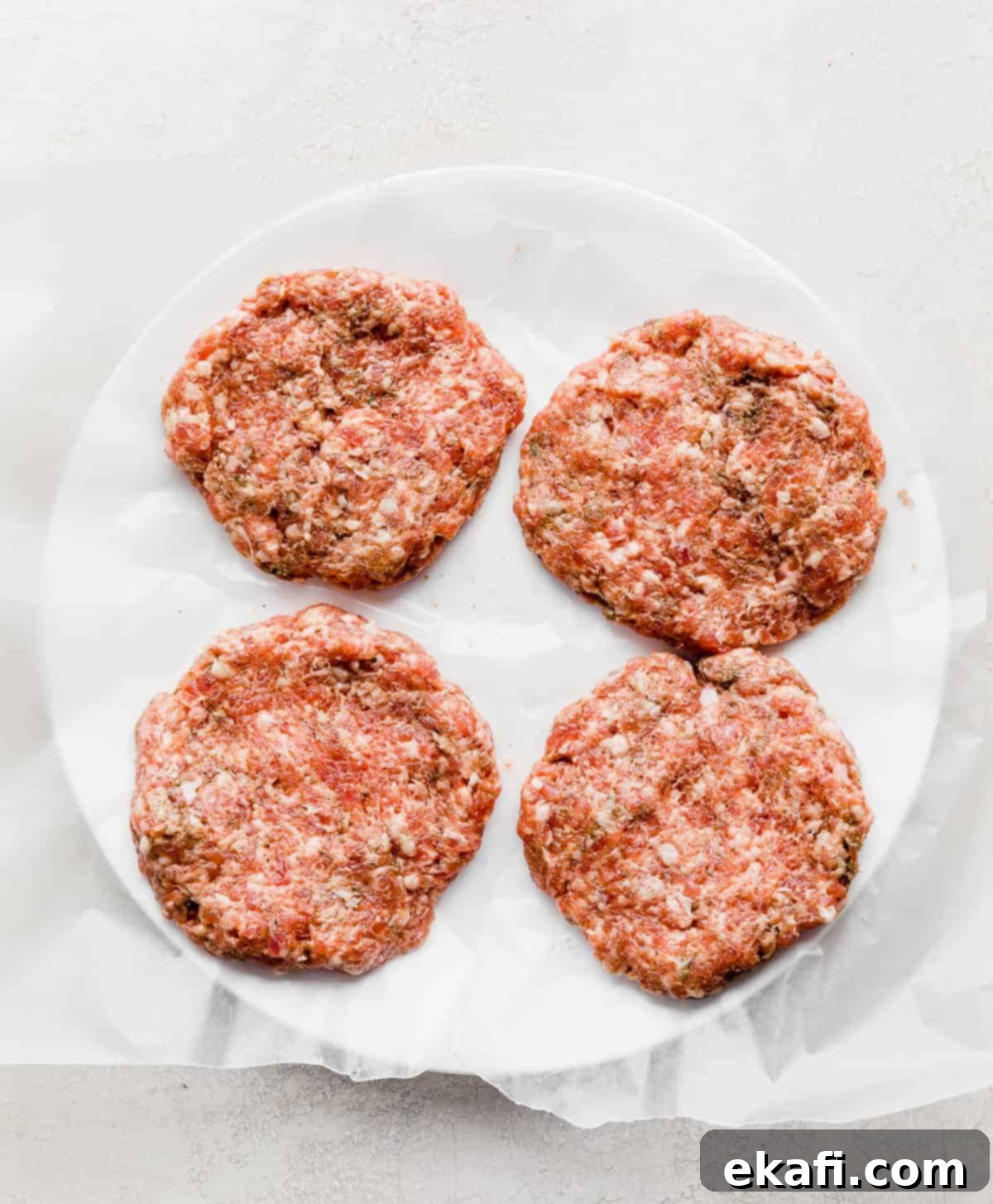 From Scratch Sausage and Egg Breakfast Sandwich 6 Four perfectly shaped raw sausage patties arranged on a white plate, showcasing their readiness for cooking.