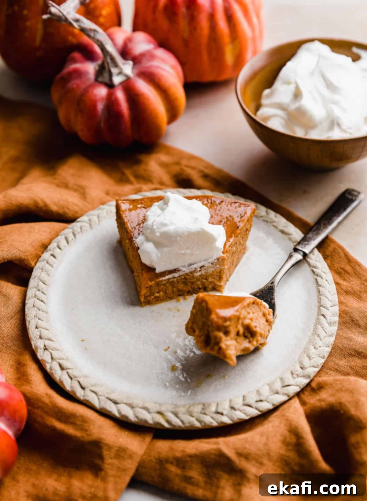 Pure Pumpkin Custard 10 A charming close-up of a slice of Crustless Pumpkin Pie on a simple white plate, generously dolloped with whipped cream, ready to be savored.