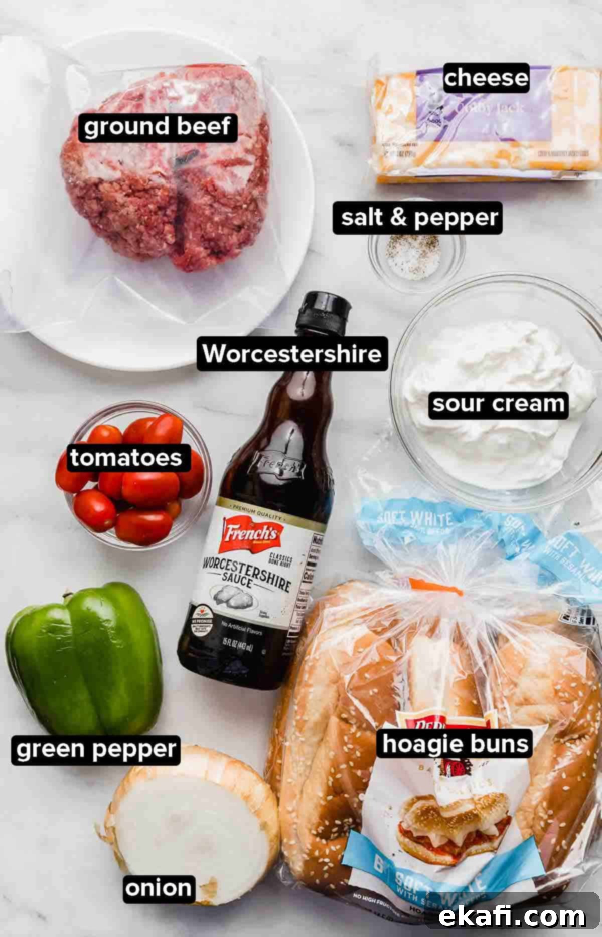 Beef Stroganoff Sandwich 3 Beef Stroganoff Sandwich ingredients on a white background.