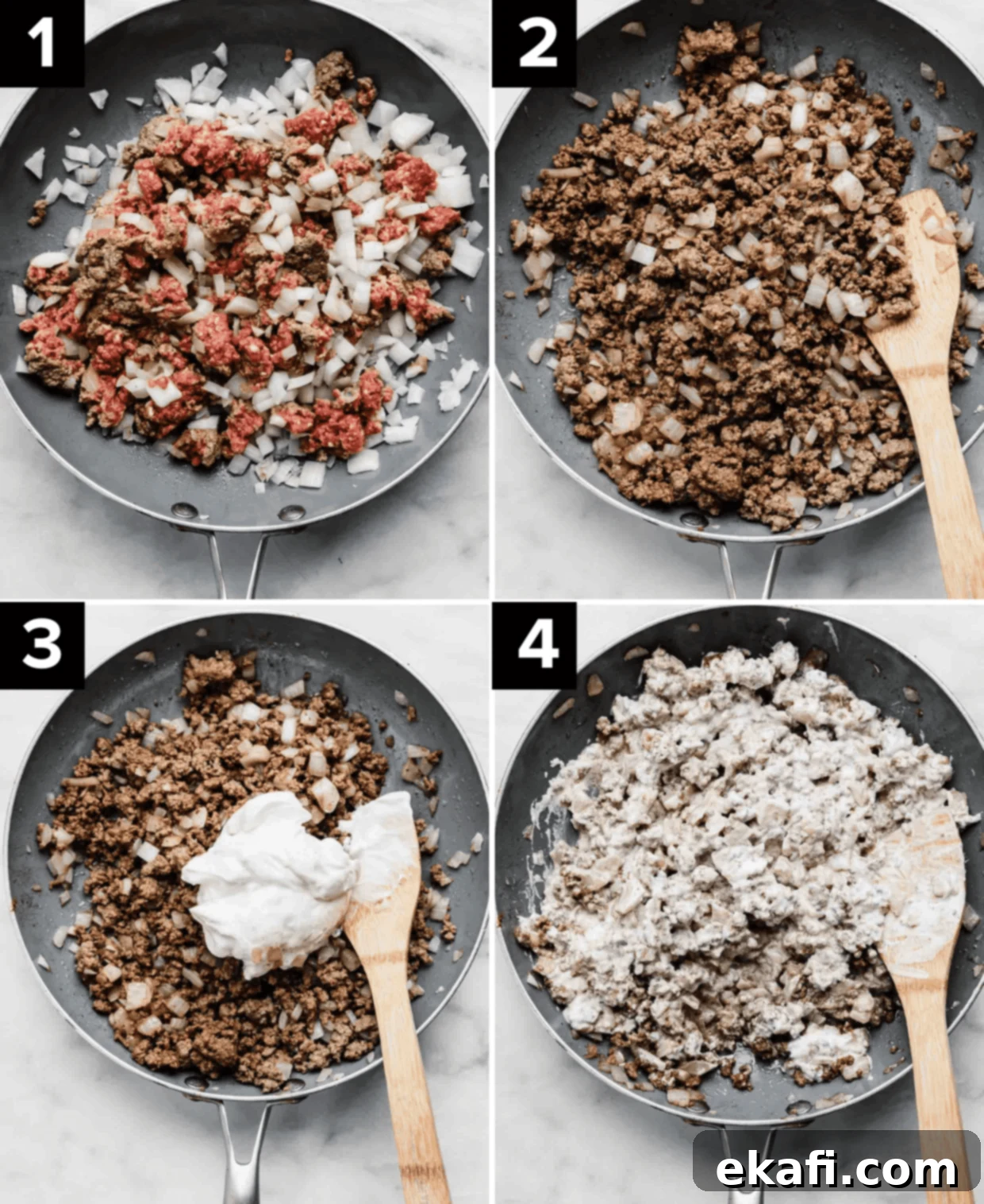 Beef Stroganoff Sandwich 4 Four images showing a skillet with raw ground beef and diced onions, then cooking the meat, and adding sour cream and mixing it together.