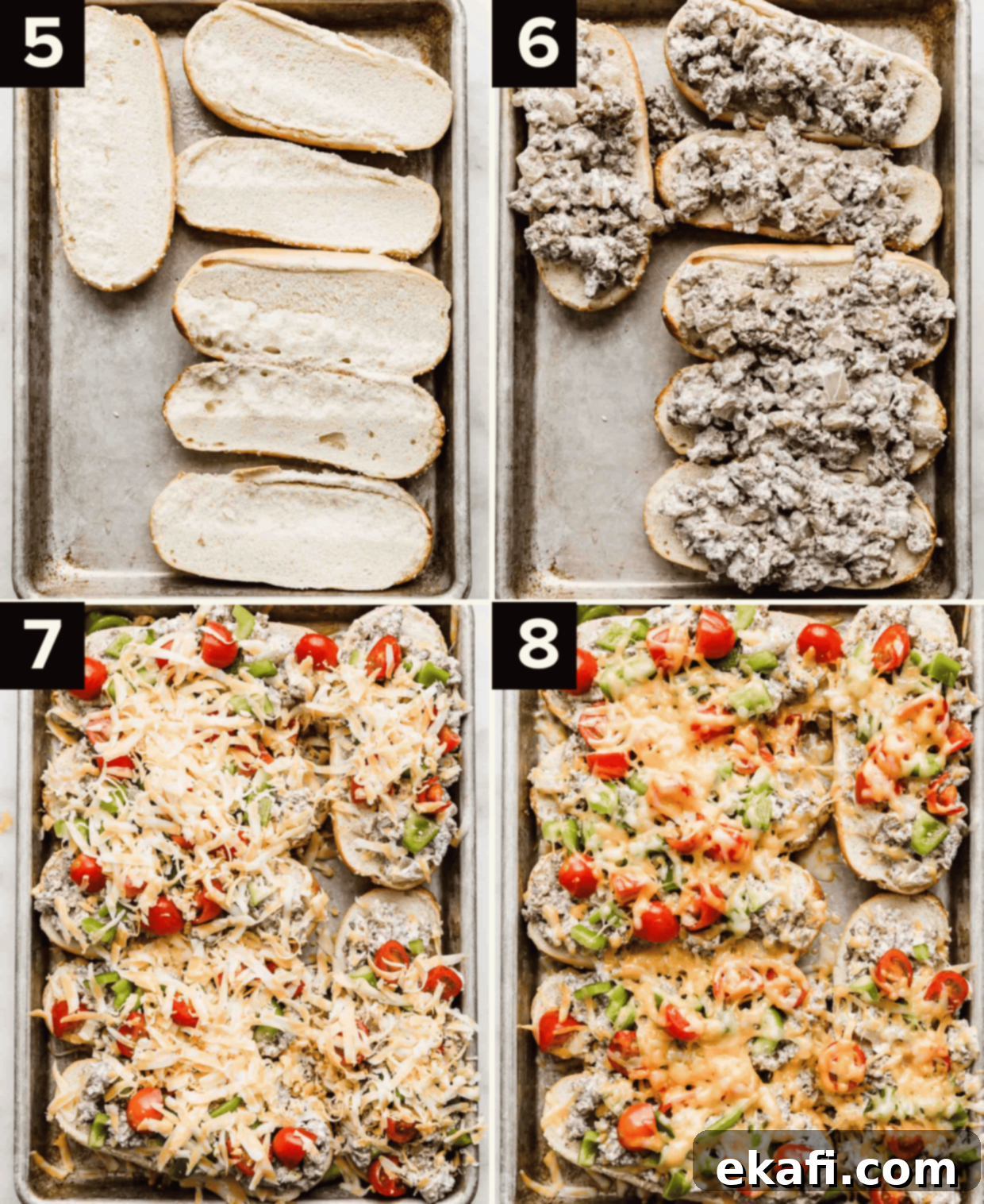 Beef Stroganoff Sandwich 5 Four images: top left is hoagie bun halves on a baking sheet, top right image is beef stroganoff mixture on top of the bread halves, bottom left image is the buns and meat topped with tomatoes, green peppers, and shredded cheese, bottom right image is the Beef Stroganoff Sandwiches baked.