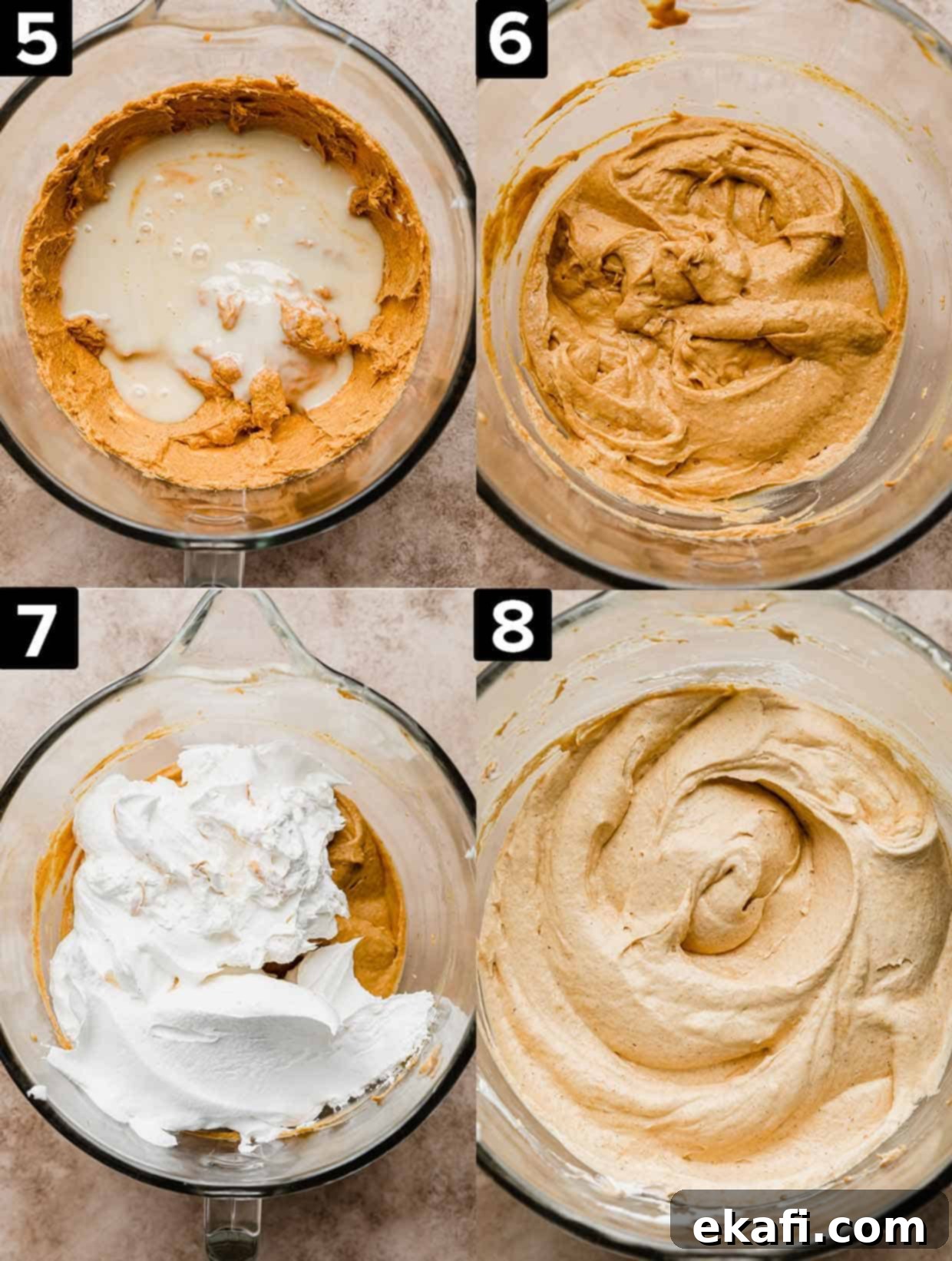 Quick Pumpkin Cheesecake Minis 5 Four images showing the making of no-bake pumpkin cheesecake filling in a glass mixing bowl.