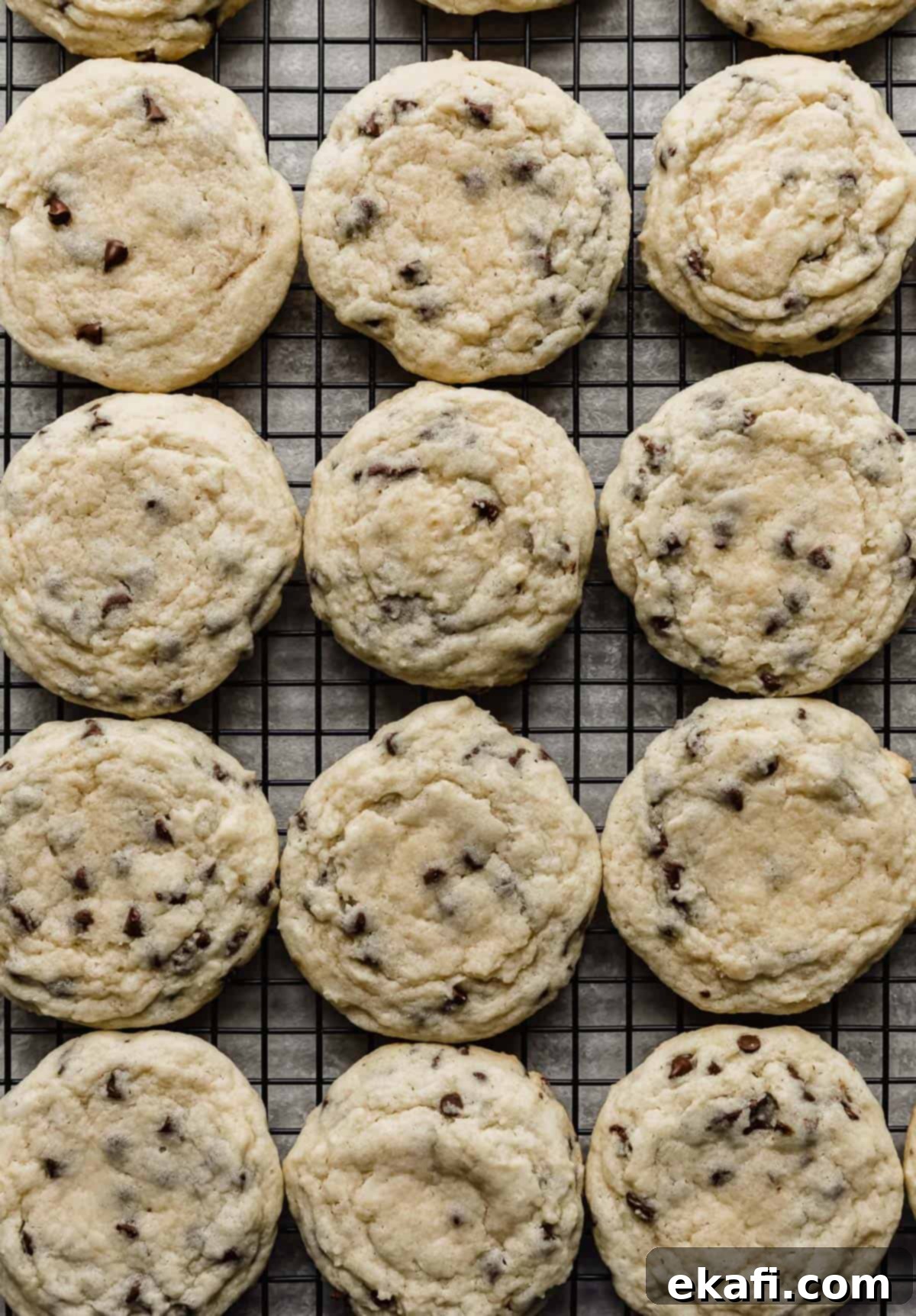 Crumbl's Mint Chip Ice Cream Cookie Delight 9 Sugar cookies with mini chocolate chips baked into them, on a black wire cooling rack.