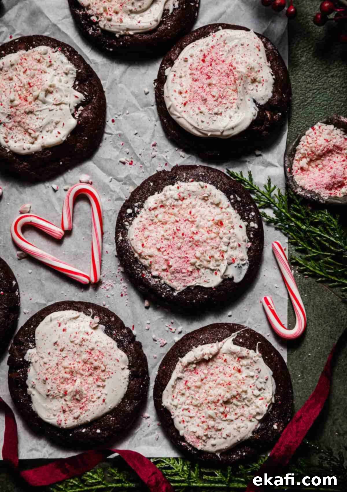 Chocolate Peppermint Bark Cookies 2 Overhead photos of chocolate Peppermint Bark Cookies topped with white chocolate and crushed candy canes, with faux pine needs around the border of the image.