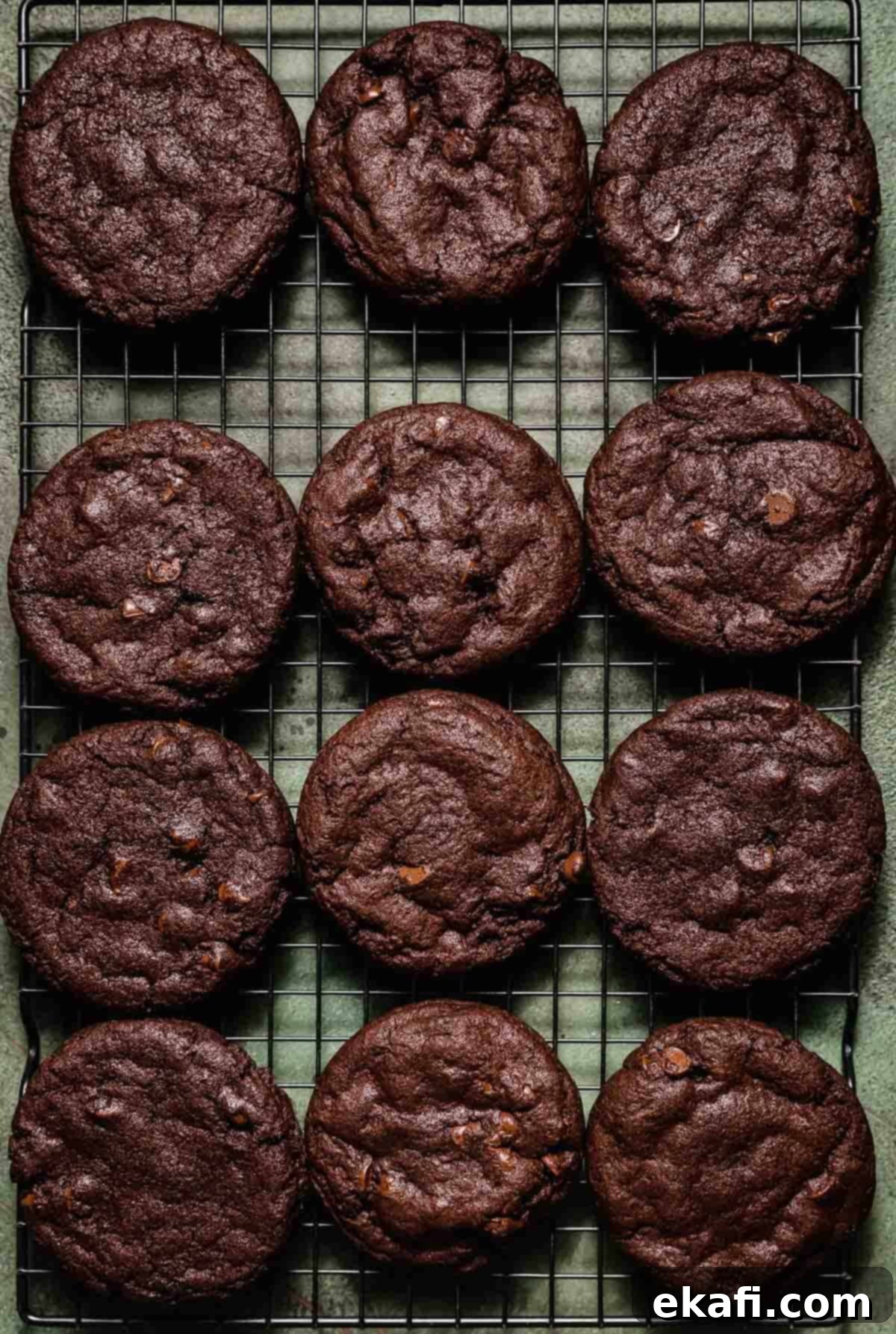 Chocolate Peppermint Bark Cookies 7 Chocolate cookies on a black wire cooling rack on a green background.