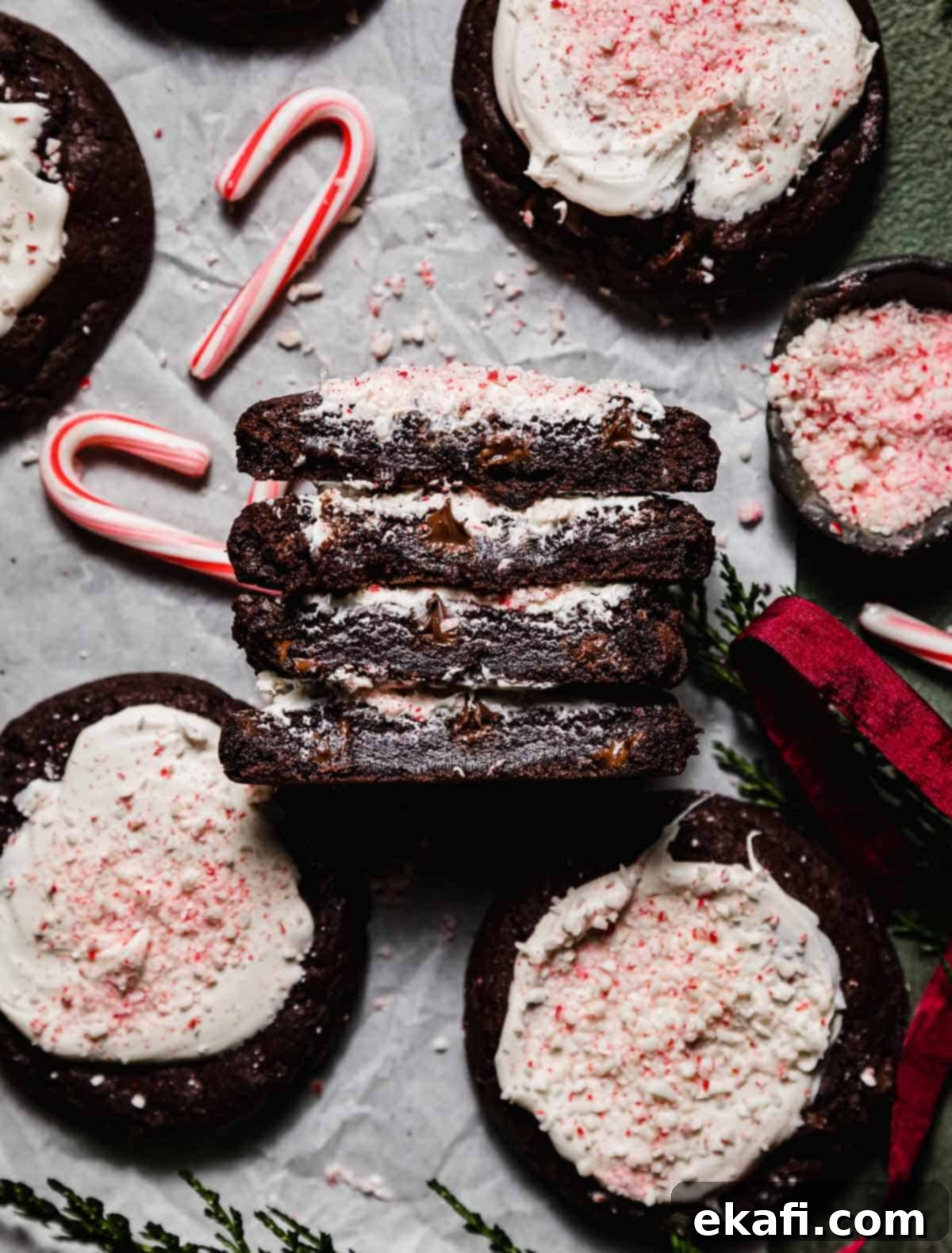 Chocolate Peppermint Bark Cookies 9 White chocolate and candy cane topped chocolate Peppermint Bark Cookies.