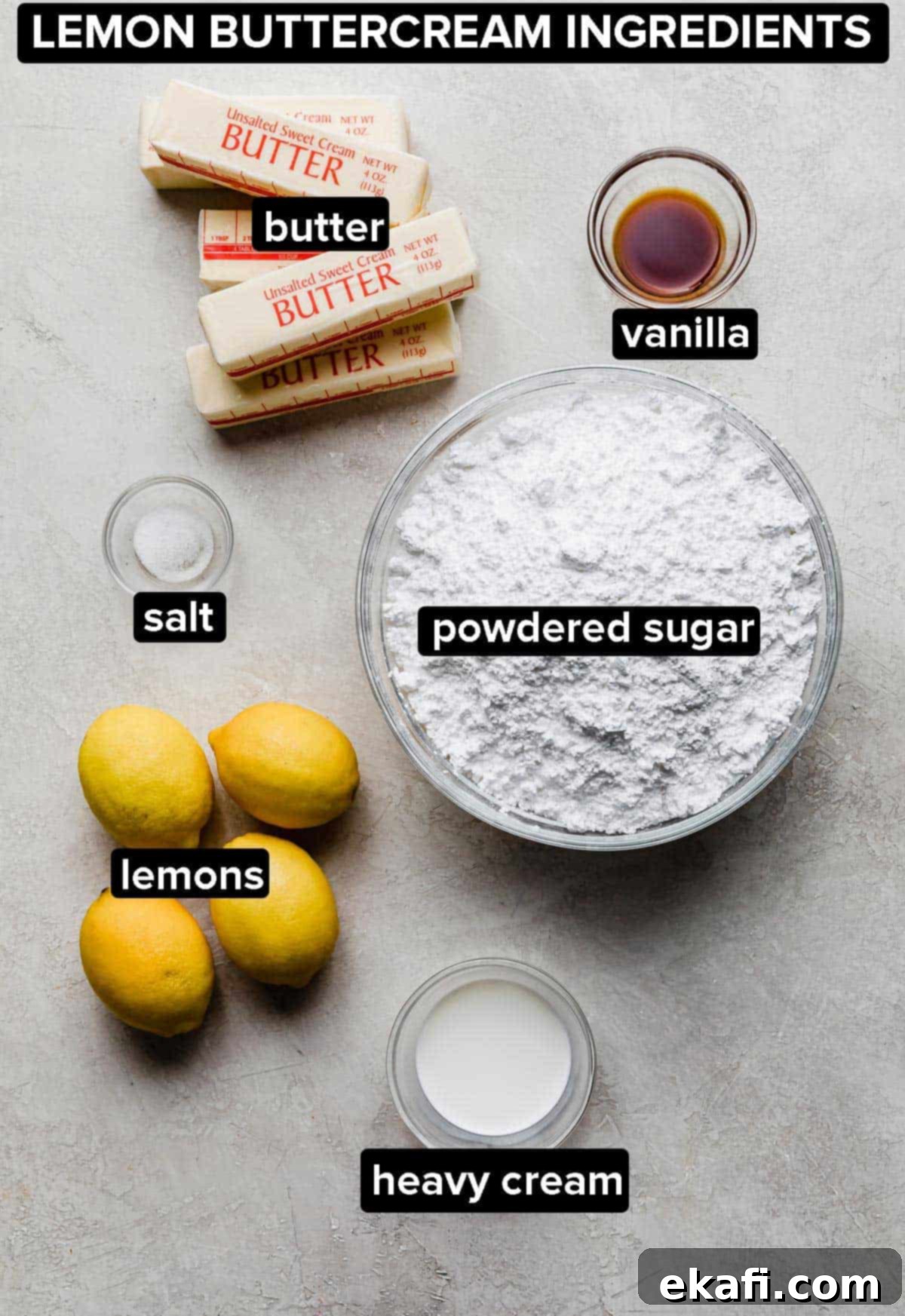Zesty Lemon Bar Cake 5 Lemon buttercream ingredients on a light grey background.