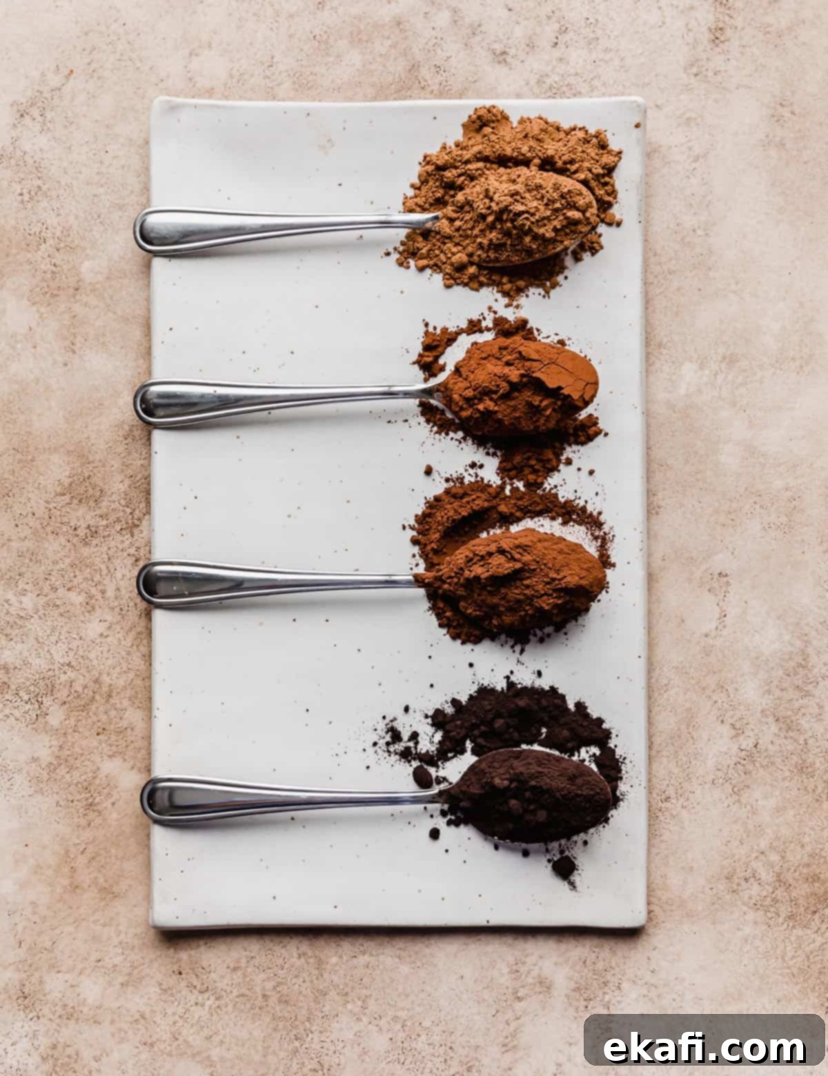 The Ultimate Guide to Baking Cocoa 2 Four distinct types of cocoa powders displayed on separate spoons on a rectangular white plate, showcasing their varying shades of brown and black.