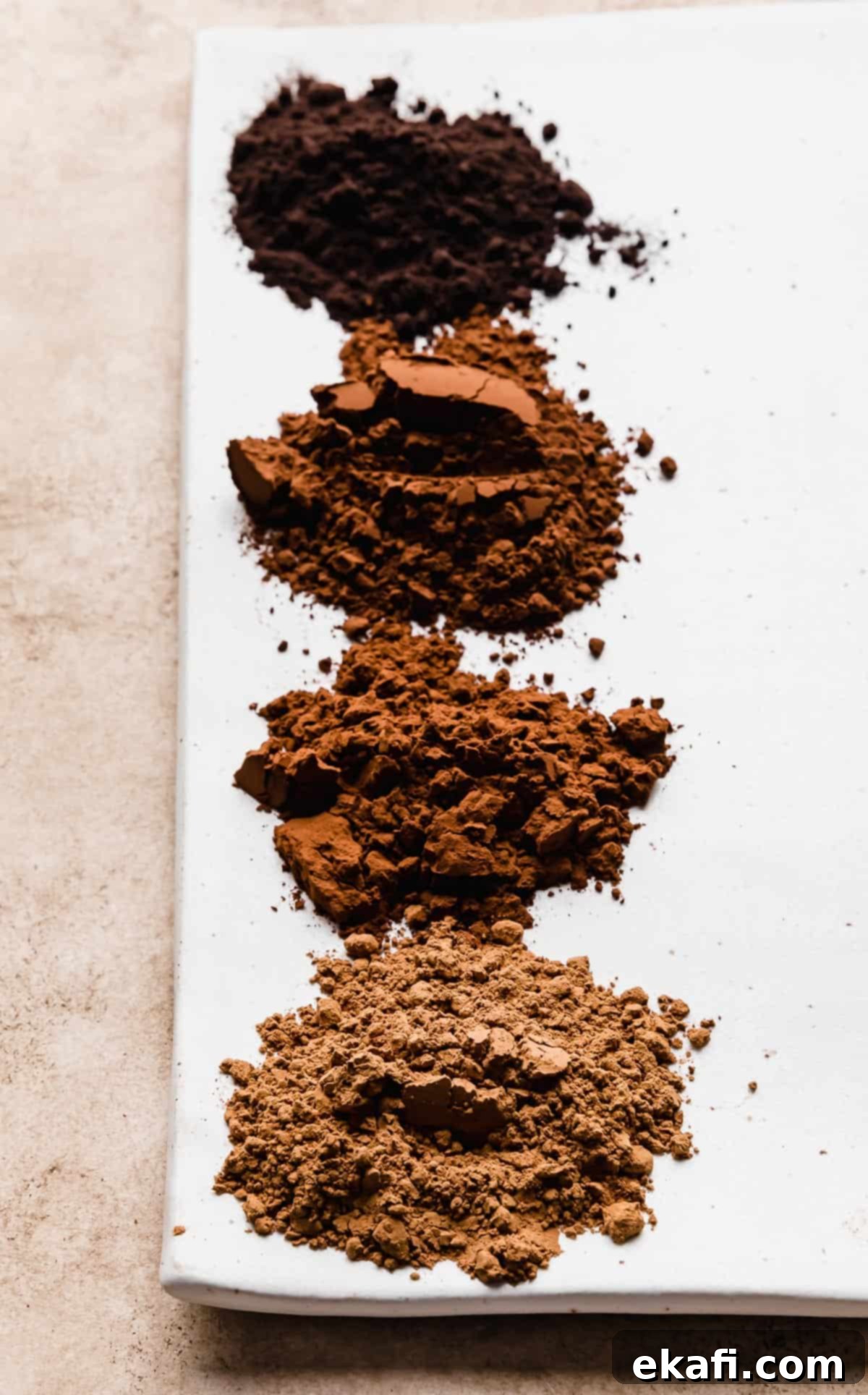 The Ultimate Guide to Baking Cocoa 6 Small, distinct piles of various cocoa powders arranged on a white plate, emphasizing their different shades and textures.