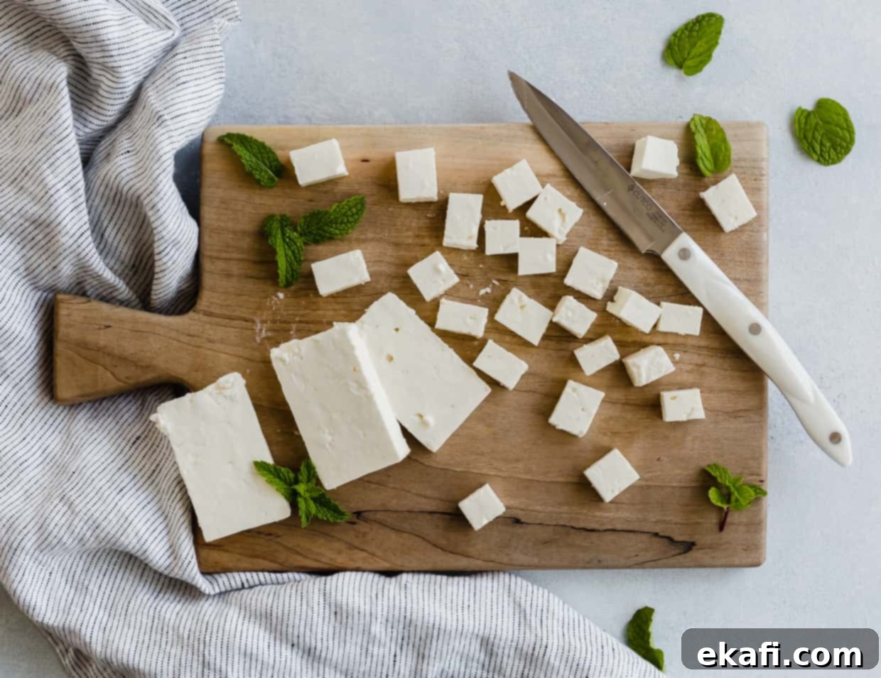 Cool Watermelon Sticks 5 Overhead view of a wooden cutting board with a block of feta cheese precisely cut into small, uniform squares, ready for skewering.
