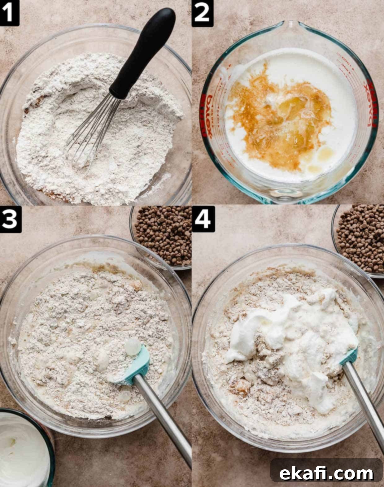 Irresistible Cinnamon Chip Pancakes 4 Four images showing how to make pancakes with cinnamon chips, a large glass bowl with dry ingredients and then wet ingredients mixed in.