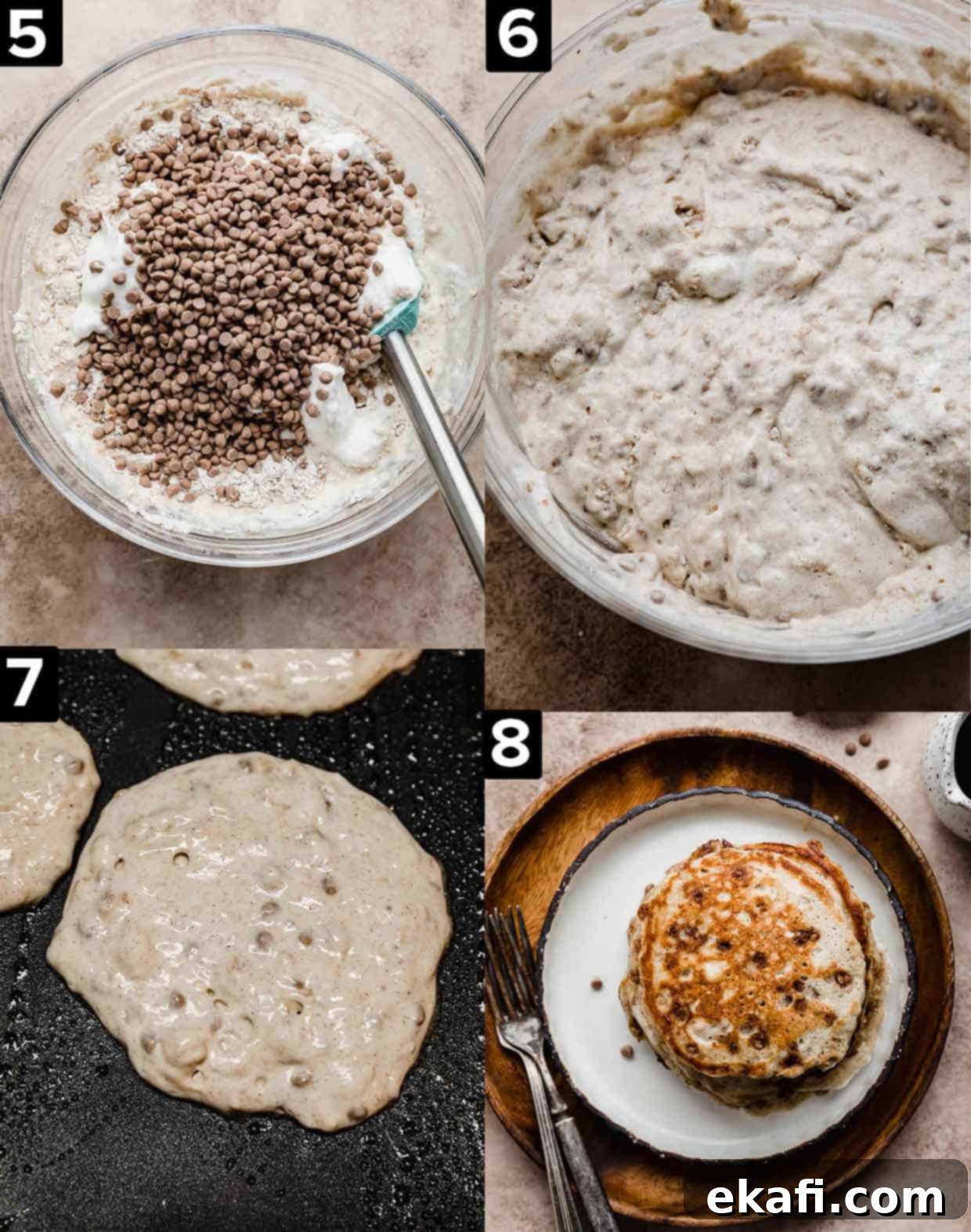 Irresistible Cinnamon Chip Pancakes 5 Four images, top left has mini cinnamon chips overtop a pancake batter, top right is Cinnamon Chip Pancake batter in glass bowl. Bottom right is a cinnamon pancake cooked on a black griddle, bottom right is a stack of Cinnamon Chip Pancakes on a white plate.