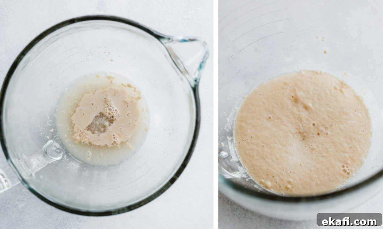 Perfect Homemade Soft Pretzels 5 A collage of two photos. One shows warm water, sugar, and yeast in a bowl before activation. The second photo shows the yeast mixture after 5 minutes, having proofed with a foamy top, indicating it's active.