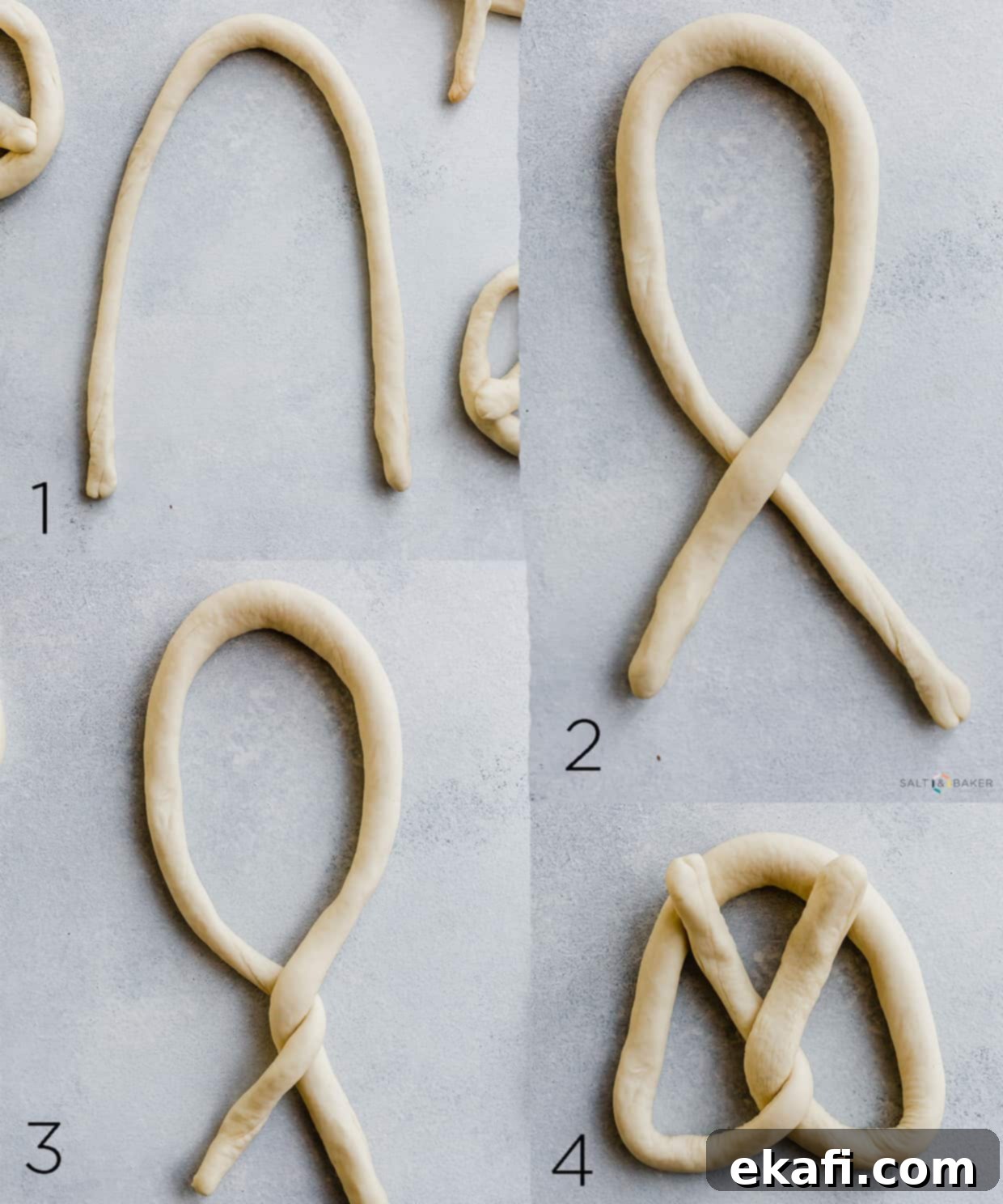 Perfect Homemade Soft Pretzels 6 A collage of four photos demonstrating the step-by-step process of twisting a rope of dough into a perfect pretzel shape.