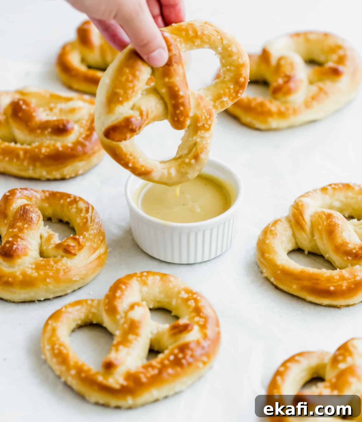 Perfect Homemade Soft Pretzels 10 A golden brown homemade pretzel, beautifully sprinkled with coarse salt, being dipped into a small bowl filled with creamy honey mustard sauce, showcasing the perfect snack combination.
