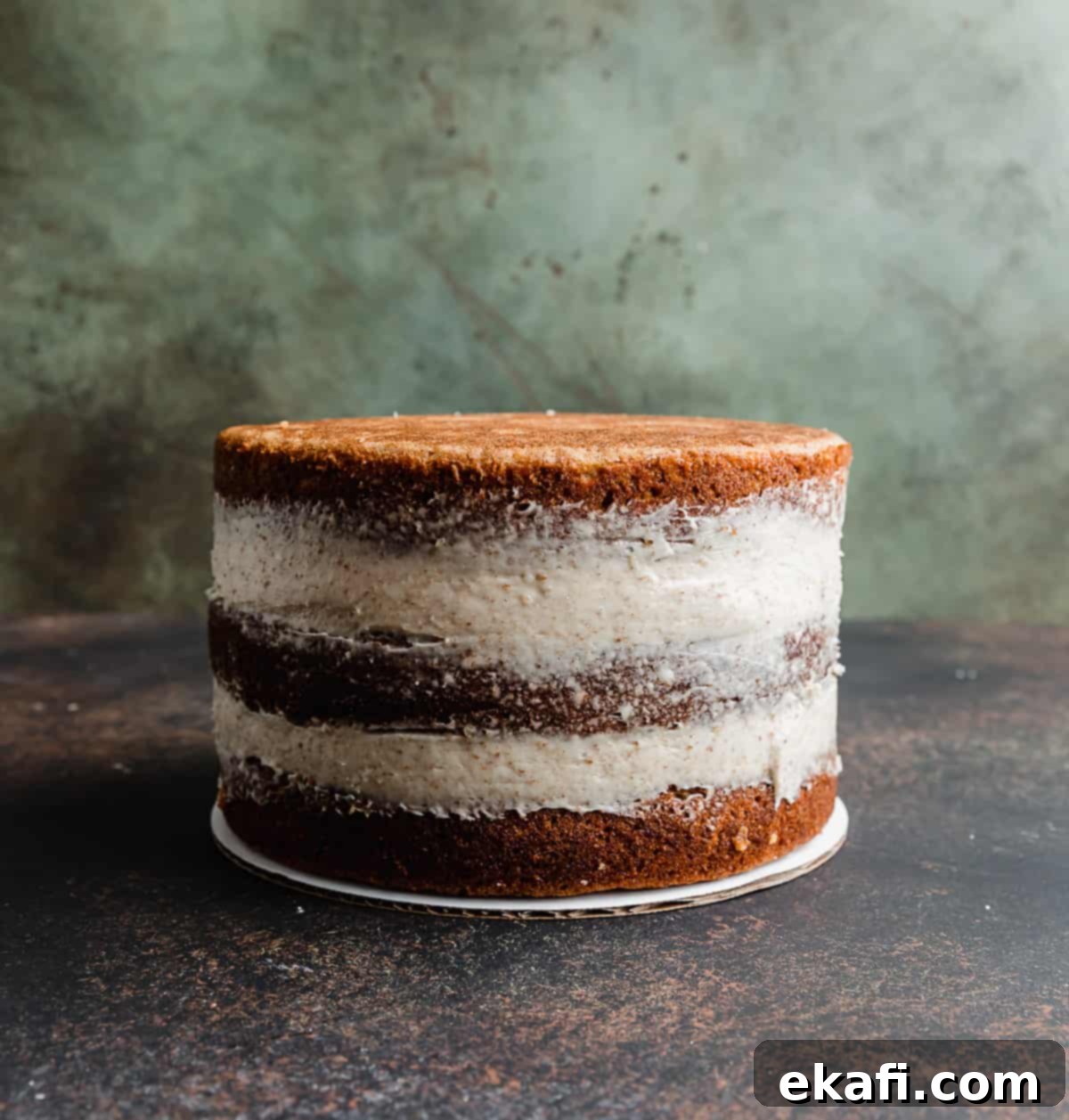 Tropical Pecan Carrot Cake 7 A three-layer moist carrot cake, freshly assembled and covered in a thin, initial 'crumb coat' of frosting, ready for its final decorative layer, set against a textured green and brown background.