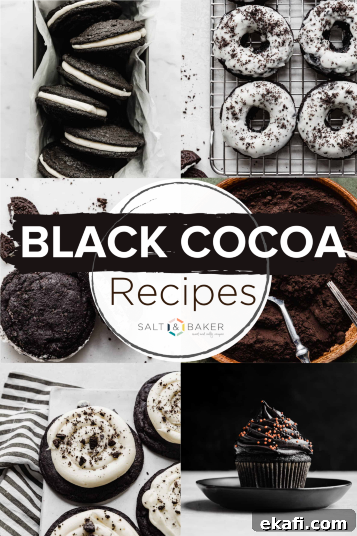 Deep & Dark Black Cocoa Delights 2 A collection of images of desserts made with black cocoa powder such as Oreo donuts, homemade Oreo cookies, black velvet cupcakes, black cocoa powder cookies, etc.