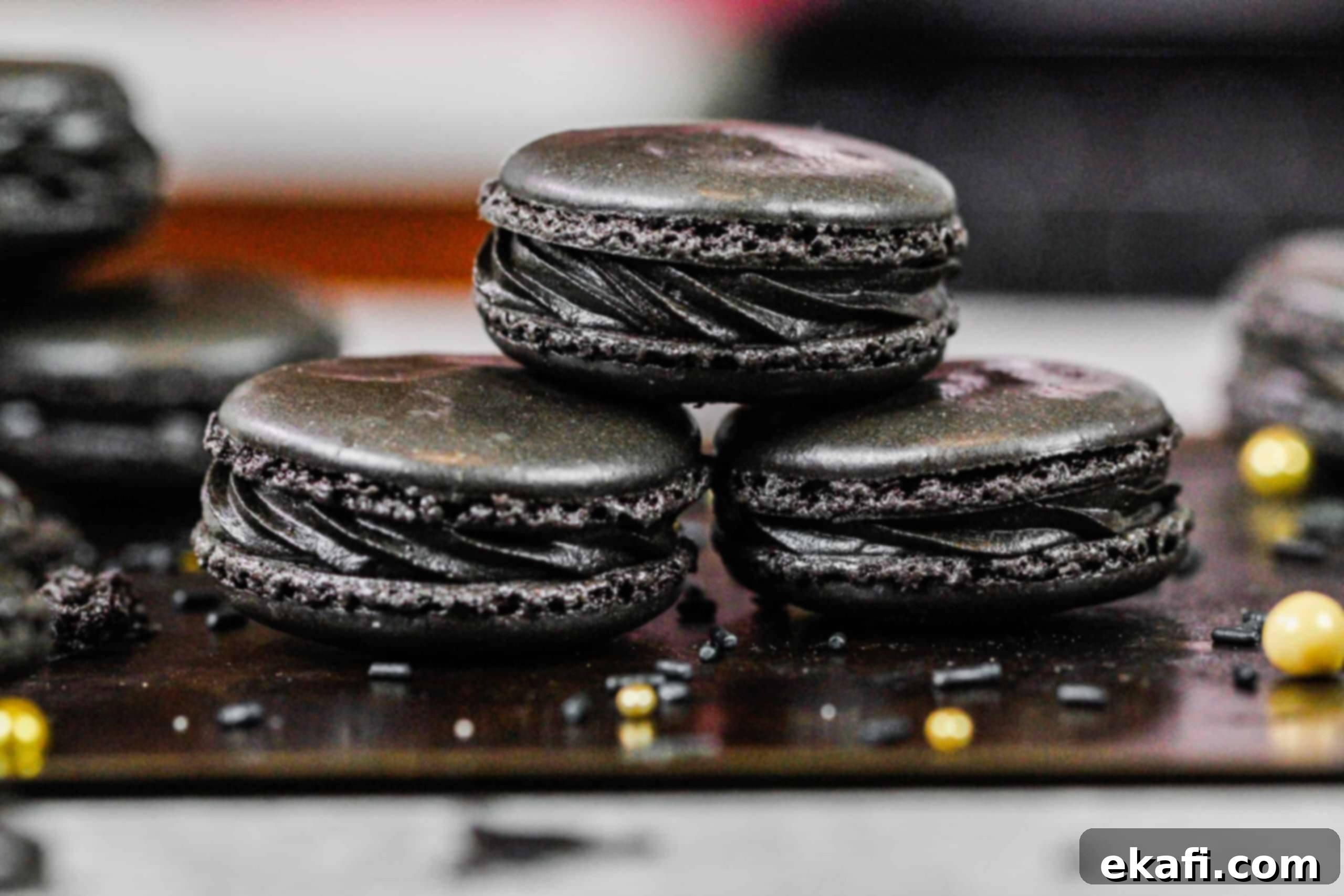 Deep & Dark Black Cocoa Delights 17 Black Macarons with Decadent Dark Chocolate Filling - Chelsweets