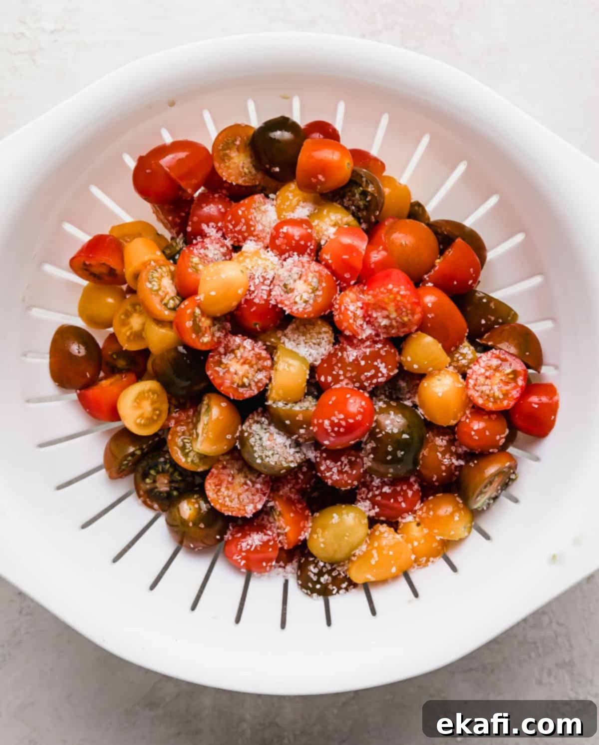 Rustic Tuscan Panzanella 4 Mixed tomatoes cut into bite size pieces in a white colander with kosher salt sprinkled overtop.