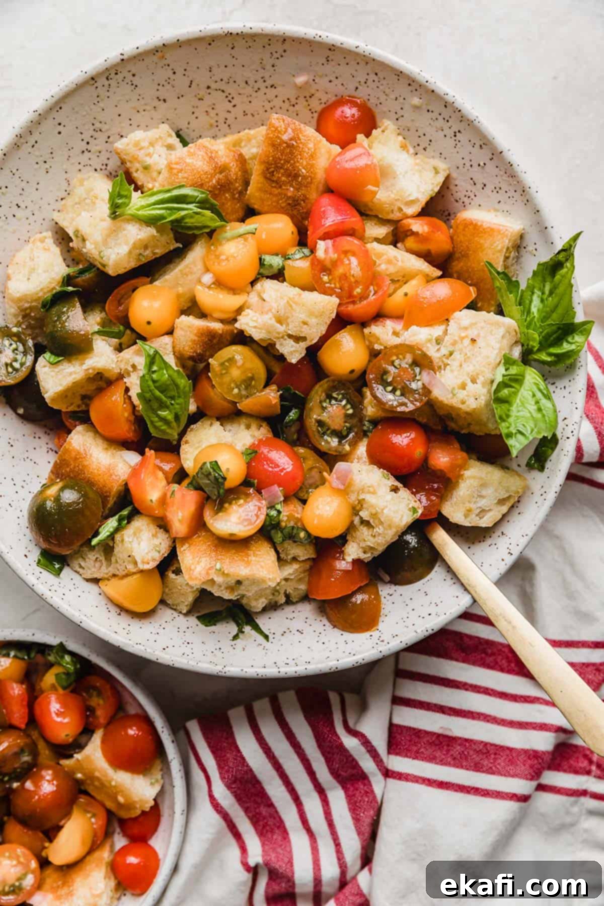 Rustic Tuscan Panzanella 9 A bowl filled with panmolle or Panzanella Toscana with stale bread, chopped tomatoes, and fresh basil.