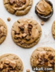 Decadent Peanut Butter Cup Cookies 11 Crumbl Peanut Butter Cup Cookies topped with chopped peanut butter cups and melted peanut butter.