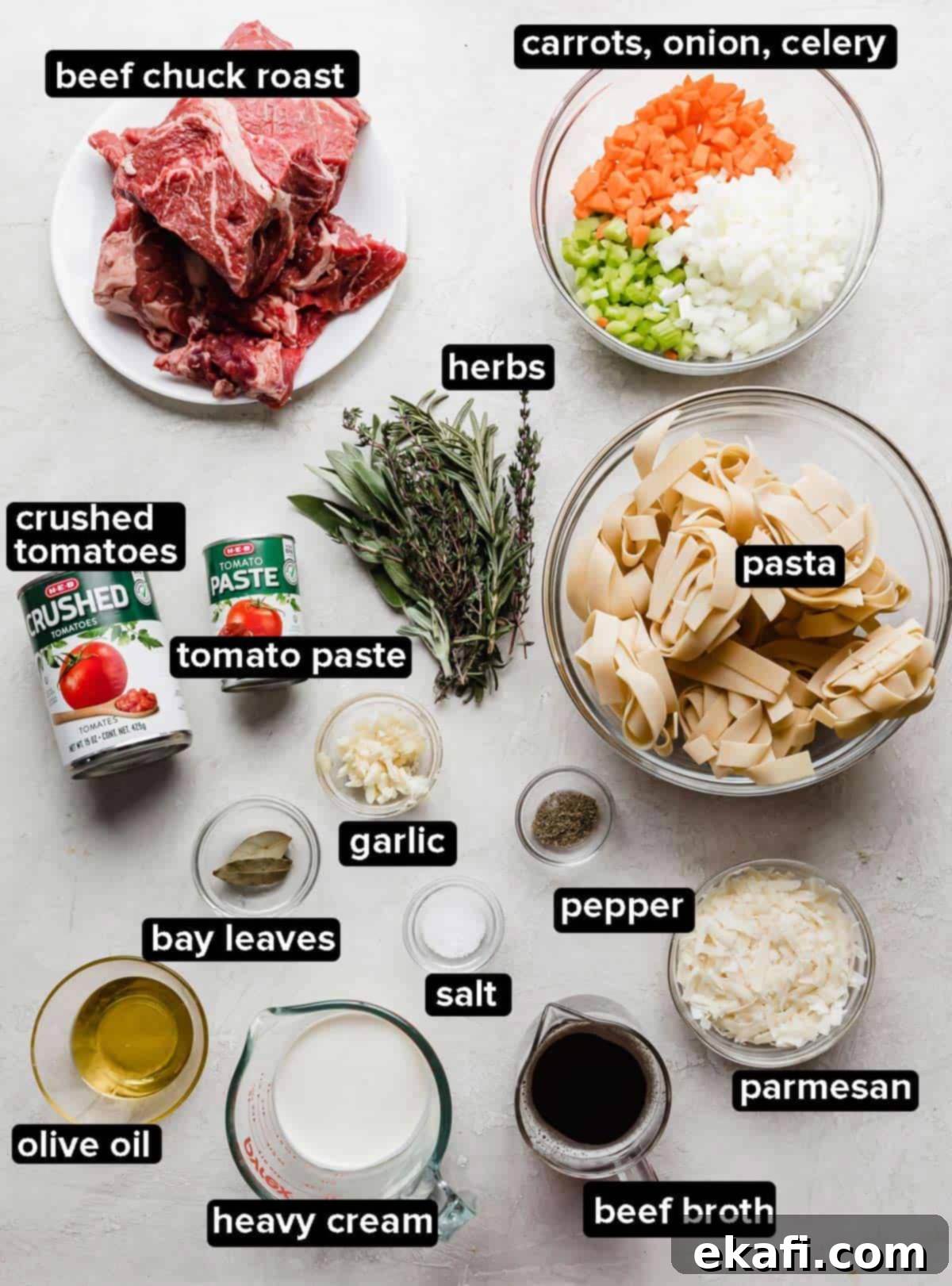 Hearty Shredded Beef Ragu 3 Ingredients used to make the best beef Ragu recipe, with each ingredient portioned into glass bowls on a white background.