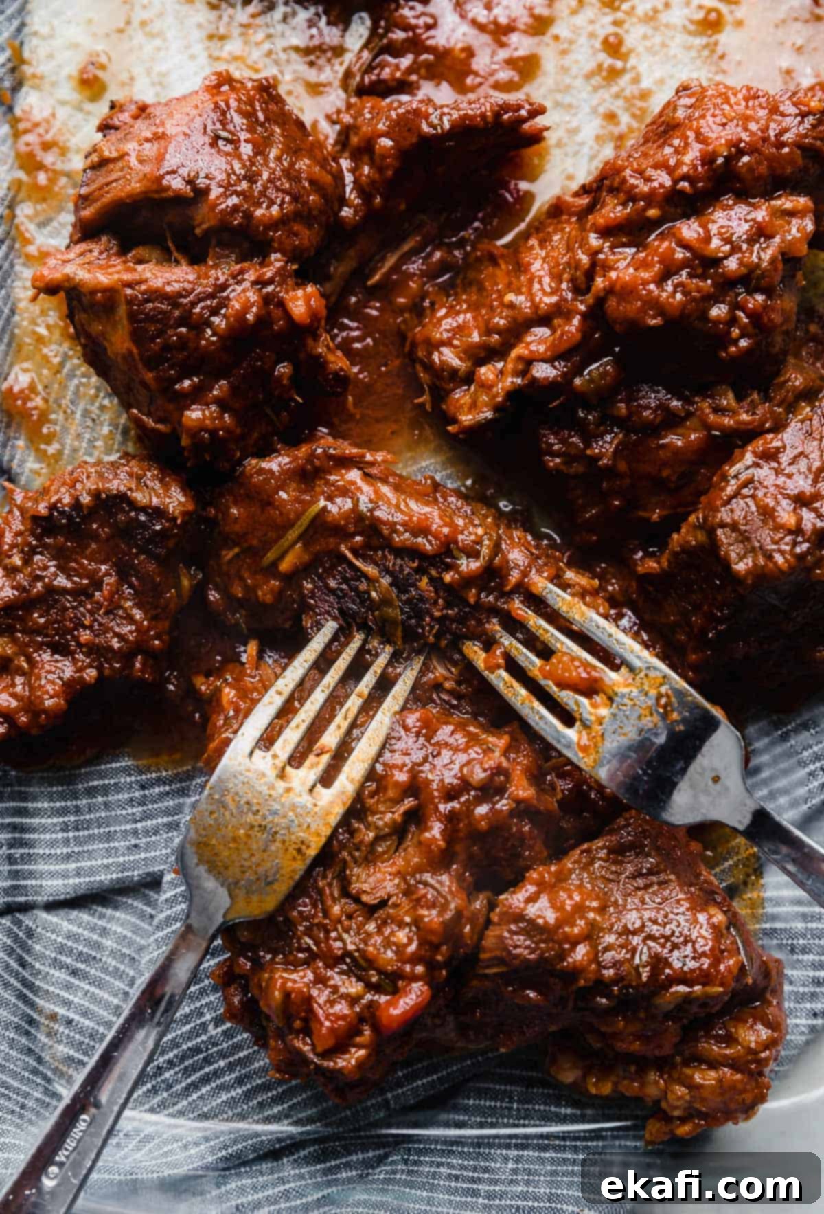 Hearty Shredded Beef Ragu 9 Two forks shredding beef chuck roasts that have been simmering in a beef Ragu sauce.