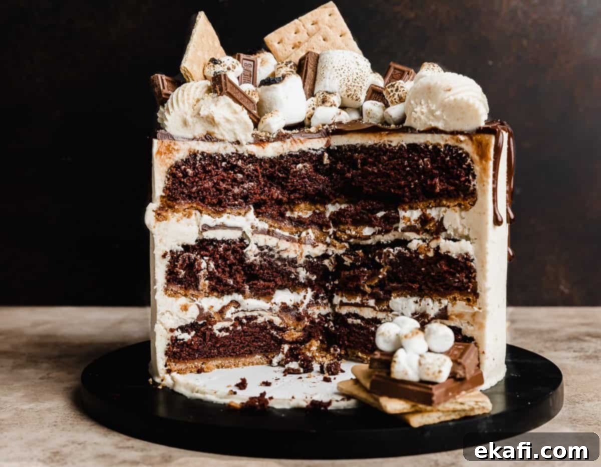 S'mores Cake 11 A quarter of a S'mores Cake cut, showcasing the inside of the three tiered cake.