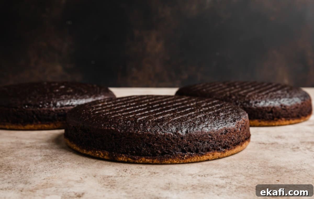 S'mores Cake 4 Three chocolate cake layers baked on a graham cracker crust, laying in front of a dark brown background.