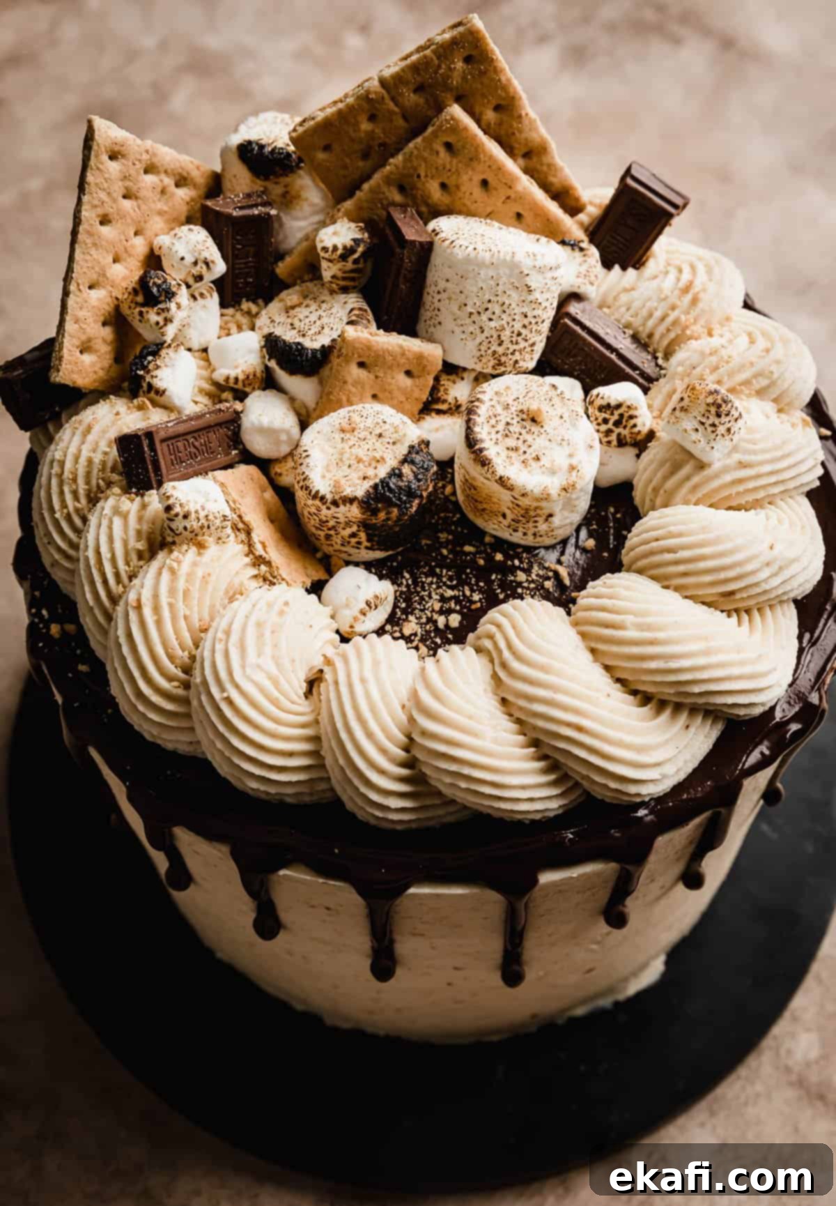S'mores Cake 10 The top of a S'mores layer cake decorated with graham crackers, toasted mini and large marshmallows, and chocolate squares.